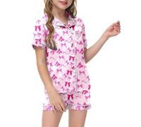 Silk Pyjamas Bow Pjs Set Two-Piece Short Sleeve Satin PJ Set Cotton Silky Button-Down Nightwear Soft Lounge Sleepwear