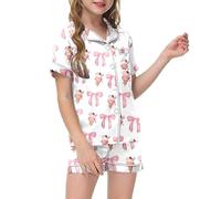 Silk Pyjamas Bow Pjs Set Two-Piece Short Sleeve Satin PJ Set Cotton Silky Button-Down Nightwear Soft Lounge Sleepwear