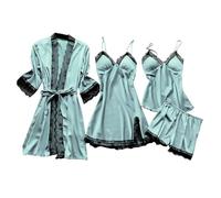 Silk Pyjamas For Women 4 Piece Set - Pyjamas Set For Women Silk Satin 4 Pcs - Nightwear Warm Nightwear Pijamas Sets Plus Size Sleepwear Petite Loungewear Sets Button Up Top And Wide Leg Pants