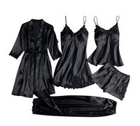 Silk Pyjamas for Women 5Pcs Sleepwear Loungewear Satin Robe Cami Shorts Pj Set Lace Trim, Exotic1& Black,4XL