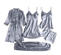 Silk Pyjamas for Women 5Pcs Sleepwear Loungewear Satin Robe Cami Shorts Pj Set Lace Trim, Exotic1& Gray,4XL