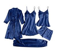 Silk Pyjamas for Women 5Pcs Sleepwear Loungewear Satin Robe Cami Shorts Pj Set Lace Trim, Exotic1& Navy,4XL
