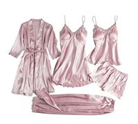 Silk Pyjamas for Women 5Pcs Sleepwear Loungewear Satin Robe Cami Shorts Pj Set Lace Trim, Exotic1& Pink,XXL