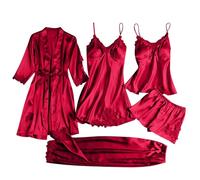 Silk Pyjamas for Women 5Pcs Sleepwear Loungewear Satin Robe Cami Shorts Pj Set Lace Trim, Exotic1& Wine,M