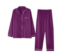 Silk Pyjamas for Women Satin Pajamas Set 2 Piece Lounge Wear Sets Long Sleeve Button Down Shirts Wide Leg Pants Pj Sets Loose Comfort Sleepwear Loungewear Oversized Soft Nightwear Size M-4XL Purple