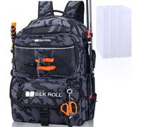 SILK ROLL 50L Fishing Tackle Backpack with Rod Holder and 4 Included 3600 Tackle Boxes - Waterproof Fishing Backpack for Ultimate Gear Organization and Storage (Black Camo)
