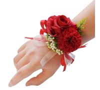 Silk Rose Boutonniere Groom Artificial Flower Bouquet Corsage Bridal Brooch Pins Button-hole Wedding Party Ceremony Jewelry for Bridesmaids, Bridal Showers(Red Wrist Flower)