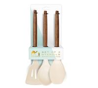 Silk Route Home 3-Piece Acacia Wood & Cream Silicone Utensil Set
