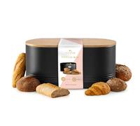 Silk Route Home Black Metal Bread Bin with Acacia Wood Lid - Stylish Kitchen Storage & Cutting Board - Rust-Proof, Compact Countertop Bread Box