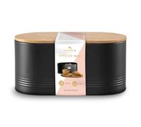 Silk Route Home Black Metal Bread Bin with Acacia Wood Lid - Stylish Kitchen Storage & Cutting Board - Rust-Proof, Compact Countertop Bread Box