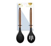 Silk Route Home Set 2 Kitchen Utensils Acacia Wood & Black Silicone; Slotted Spoon & Spoon