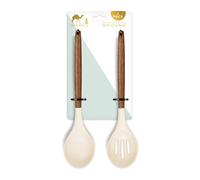 Silk Route Home Set 2 Kitchen Utensils Acacia Wood & Cream Silicone; Slotted Spoon & Spoon