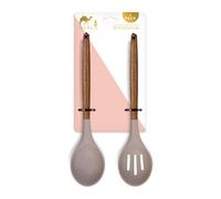 Silk Route Home Set 2 Kitchen Utensils Acacia Wood & Grey Silicone; Slotted Spoon & Spoon