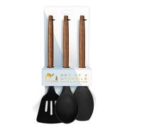 Silk Route Home Set 3 Kitchen Utensils Acacia Wood & Black Silicone; Slotted Turner, Spoon & Spatula