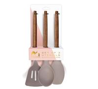 Silk Route Home Set 3 Kitchen Utensils Acacia Wood & Grey Silicone; Slotted Turner, Spoon & Spatula