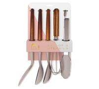 Silk Route Home Set 5 Kitchen Utensils Acacia Wood & Grey Silicone; Tongs, Whisk, Slotted Spoon, Spoon & Slotted Turner