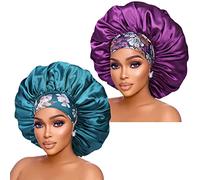 Silk Satin Bonnet Hair Cap: 2pcs 17inch Diameter Extra Large Jumbo Sleeping Satin Bonnets with Comfortable Flower Band - High Density Satin Bonnets for Women Braids Curly Night Cap (Purple & Teal)