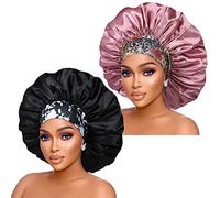 Silk Satin Bonnet Hair Cap: 2pcs 17inch Diameter Extra Large Jumbo Sleeping Satin Bonnets With Comfortable Flower Band - High Density Satin Bonnets For Women Braids Curly Night Cap (Black & RoseGold)