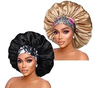 Silk Satin Bonnet Hair Cap: 2pcs 17inch Diameter Extra Large Jumbo Sleeping Satin Bonnets With Comfortable Flower Band - High Density Satin Bonnets For Women Braids Curly Night Cap (Black & Champagne)