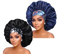 Silk Satin Bonnet Hair Cap: 2pcs 17inch Diameter Extra Large Jumbo Sleeping Satin Bonnets with Comfortable Flower Band - High Density Satin Bonnets for Women Braids Curly Night Cap (Black & Navy)