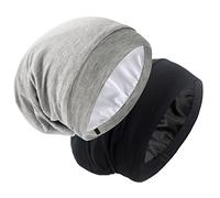 Silk Satin Lined Bonnet Sleep Cap - Adjustable Stay on All Night Hair Wrap Cover Slouchy Beanie for Curly Hair Protection for Women and Men - Black & Light Grey