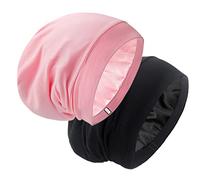 Silk Satin Lined Bonnet Sleep Cap - Adjustable Stay on All Night Hair Wrap Cover Slouchy Beanie for Curly Hair Protection for Women and Men - Black & Pink
