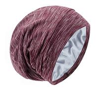 Silk Satin Lined Bonnet Sleep Cap - Adjustable Stay on All Night Hair Wrap Cover Slouchy Beanie for Curly Hair Protection for Women and Men - Heather Burgundy