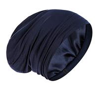 Silk Satin Lined Sleep Cap - Adjustable Stay for All Night Hair Wrap Slouchy Beanie for Curly Hair Protection for Men and Women - Plain Navy Blue