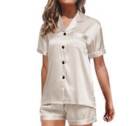 Silk Satin Pyjamas For Women,Ladies Short Pyjamas Sets V-Neck Button Down Short Sleeve Chest Pocket Top And Boxer Shorts Sleepwear Bottom Soft Loose Pajama Home Loungewear Set Breathe Pajamas Gold