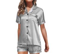 Silk Satin Pyjamas For Women,Ladies Short Pyjamas Sets V-Neck Button Down Short Sleeve Chest Pocket Top And Boxer Shorts Sleepwear Bottom Soft Loose Pajama Home Loungewear Set Breathe Pajamas Silver