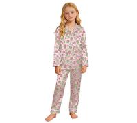 Silk Satin Pyjamas Kids Girls Satin Button-Down Pjs Christmas Cute Print Long Sleeves Collar Tops Trousers Teen Girls 2 Piece Fall Winter Sleepwear for Holiday Festive Age 3-14 Years (7-8 Years)