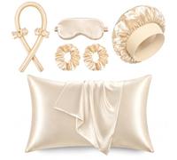 Silk Satin Sleep Set 8pcs - Pillowcase, Bonnet, Eye Mask & Heatless Hair Curlers | Anti-Frizz Satin Pillowcase for Hair & Skin, Breathable & Hypoallergenic, Comfortable Night Care (Beige)