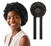 Silk Sleep Bonnets for Women, 1PC Satin Bonnet, Adjustable Satin Night Sleeping Cap Soft Elastic Band Silk Bonnets for Sleeping, Hair Bonnet with Tie Band for Curly Hair Braid Women, Black