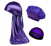 Silk Sleeping Cap Women Men Silk Satin Caps 3PCS Set Bonnet Silky Bandanas for Turban Hat Long Tail Sleep Cap(PURPLE SET)