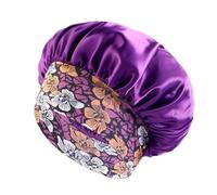Silk Sleeping Cap Women's Bonnet Flower Printed Hair Hat with Wide Edge Elastic Silk Smooth Satin Face for Daily Home Sleep(Purple)