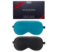 Silk Sleeping Mask, 2 Packs 100% Real Natural Silk Eye Mask with Adjustable Straps, Eye Sleeping Mask, BeeVines Summer Travel Eye Sleeping Mask to Reduce Puffy Eyes (Black & Peacock Blue)