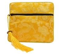 Silk Storage Wallet Pouch Custom Dragon Pattern Zipper Jewelry Gift Pouch Bags Chinese Silk Brocade Tassel Zip Purse Small Square Fabric Pouches Packaging Wholesale(Gold Yellow)