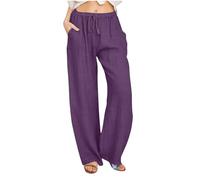 Silk Trousers Womens Long Trousers UK 2025 Casual Solid Colour Elastic Waisted Breathable Wide Leg Palazzo Lounge Pants Loose Comfy Ladies Happy Holiday Vacation Outfits Purple L