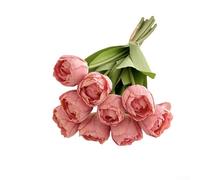 Silk Tulip Arrangement with 9 Blooms and Subtle Burnt Edges for Contemporary Home Decoration and Styling Applications (Dark Pink)