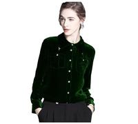 Silk Velvet Button-Down Shirts for Women, Black, with Pockets, Dark Green, S