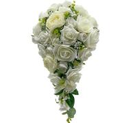 Silk Wedding Flowers Hand-made by Petals Polly, Ivory Cream Rose Brides Teardrop Bouquet with Ranunculus, Hydrangea & Eucalyptus