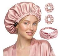 SilkAmor Luxury Double-Layered Silk Bonnet for Sleeping - Adjustable Satin Hair Bonnet Set with Two Scrunchies & Headband for Women Curly Natural Hair, Pink