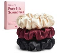 SilkAmor Silk Scrunchies Set - 3Pcs Hair Scrunchies for Women, Mulberry Silk Hair Ties, Gentle Elastic Ponytail Holders for Breakage Prevention, Soft & Durable（Champagne,Burgundy,Black）