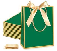 Silkfly 12 Pcs Thank You Gift Bags with Handle 9 x 7 x 3.15'' Welcome Gift Bags with Bow Ribbon for Wedding Bridal Baby Shower Birthday Housewarming Christmas Party(Dark Green, Gold)