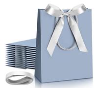Silkfly 12 Pcs Thank You Gift Bags with Handle 9 x 7 x 3.15'' Welcome Gift Bags with Bow Ribbon for Wedding Bridal Baby Shower Birthday Housewarming Christmas Party(Dusty Blue)