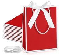 Silkfly 12 Pcs Thank You Gift Bags with Handle 9 x 7 x 3.15'' Welcome Gift Bags with Bow Ribbon for Wedding Bridal Baby Shower Birthday Housewarming Christmas Party (Red and White)