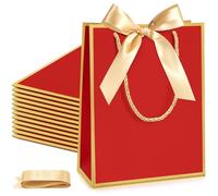 Silkfly 12 Pcs Thank You Gift Bags with Handle 9 x 7 x 3.15'' Welcome Gift Bags with Bow Ribbon for Wedding Bridal Baby Shower Birthday Housewarming Christmas Party(Dark Red, Gold)