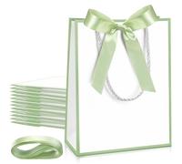Silkfly 12 Pcs Thank You Gift Bags with Handles 9 x 7 x 3. 15'' Welcome Gift Bags with Bow Ribbon for Wedding Bridal Baby Shower Birthday Housewarming Party(White, Sage Green)