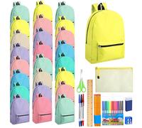 Silkfly 24 Pack 17'' Backpacks Bulk with 24 Stationery Supply Sets, Bookbags and Writing Accessories Kit for Donation, Pastel, measures about 12 x 17 x 6 inches