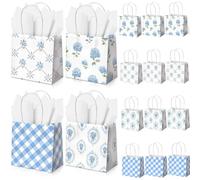Silkfly 24 Pack Mini Blue Floral Gift Bags Bulk with Tissue Paper 5x5x3 Inch Tiny Spring Hydrangea Bow Gift Bags with Handles for Mother Baby Shower Bridesmaid Wedding Birthday Tea Party